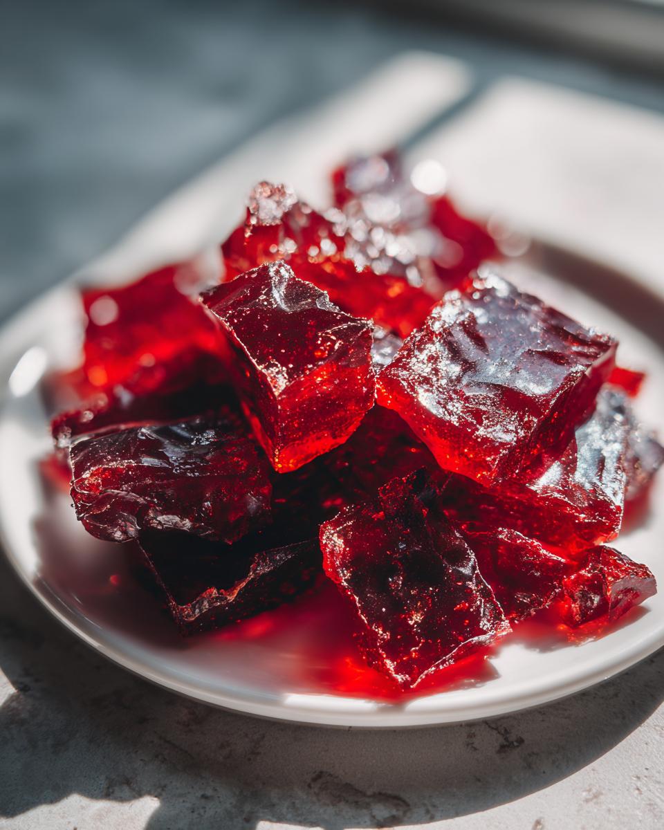 Close-up of sparkling, deep red, broken pieces of cinnamon rock candy piled on a small white plate.