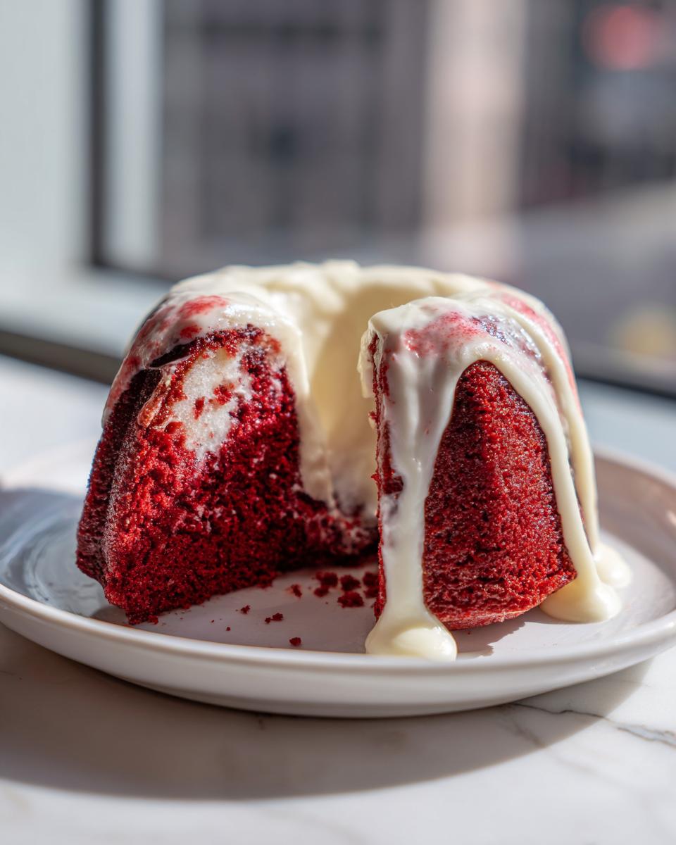 A moist slice cut from a red velvet bundt cake, drizzled heavily with white cream cheese glaze.