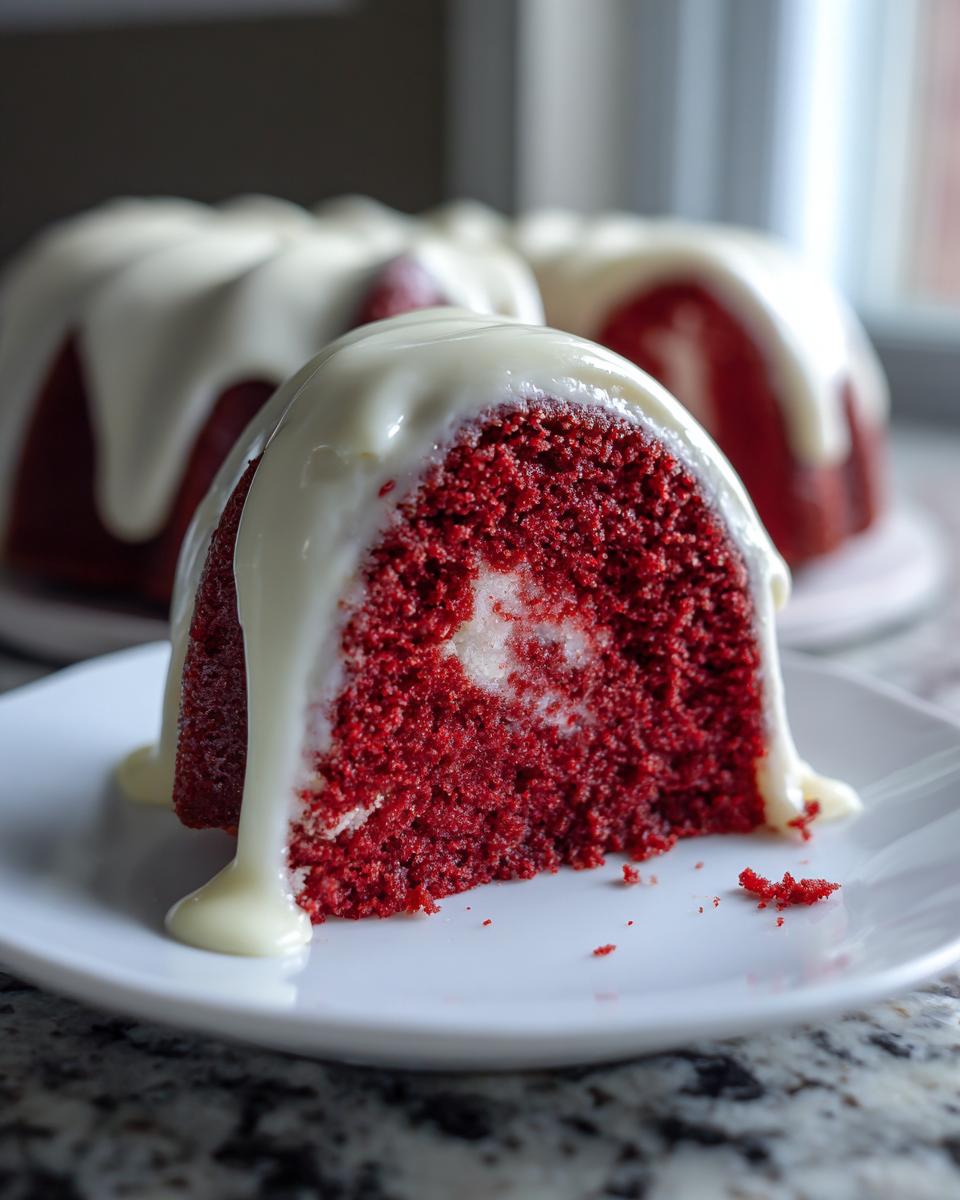 Close-up of a slice of vibrant red velvet bundt cake topped with thick white glaze.
