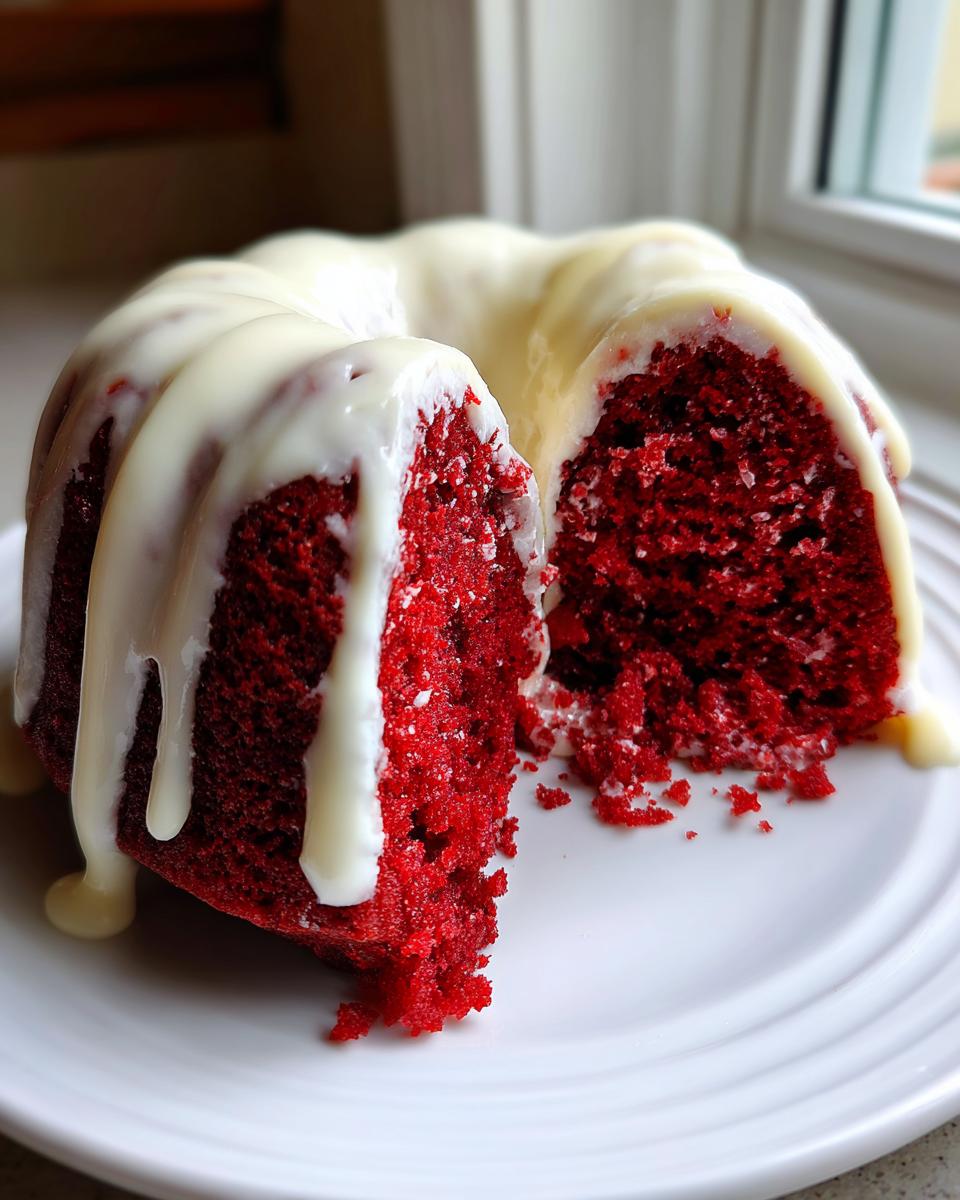 A slice cut from a vibrant red velvet bundt cake topped with thick white glaze, sitting on a white plate.
