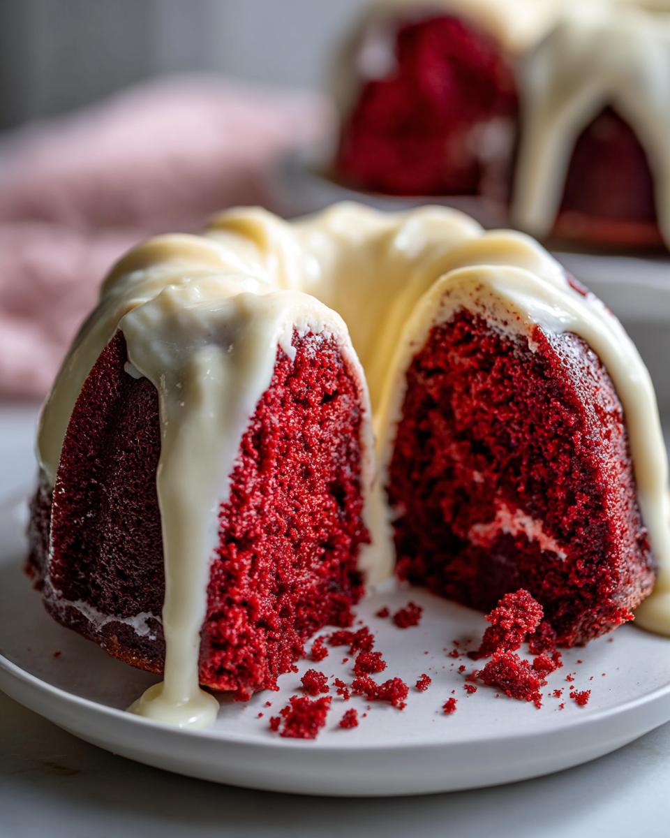 Close-up of a slice cut from a vibrant red velvet bundt cake topped with dripping cream cheese glaze.
