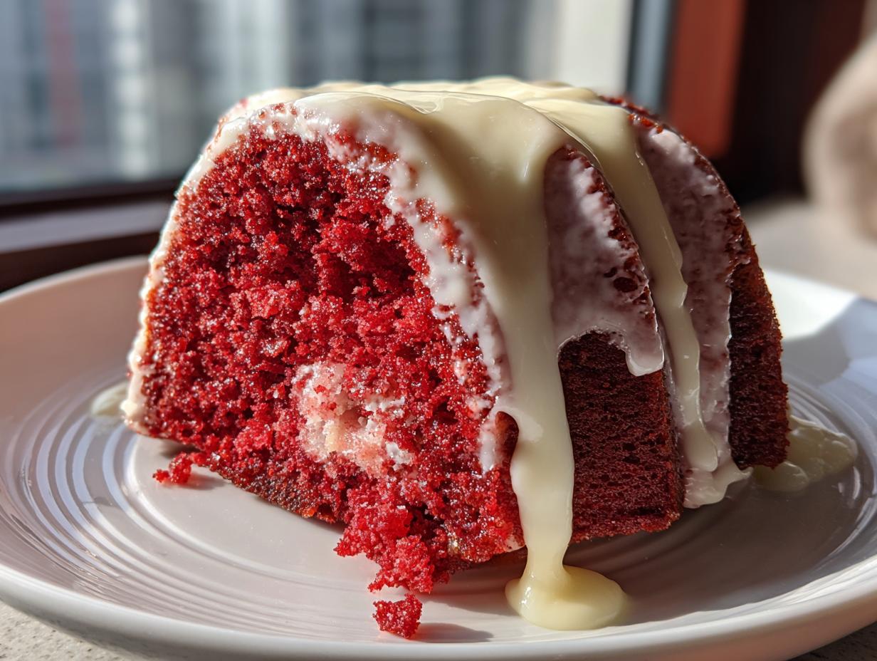 A close-up of a slice of vibrant red velvet bundt cake topped with thick, dripping white glaze.