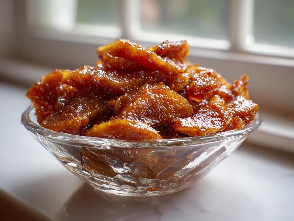 Close-up of rich, caramelized apple pie filling recipe mixture in a small, clear glass bowl.