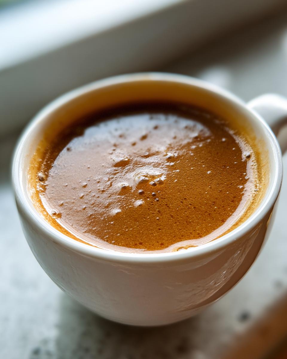 Close-up of a rich, dark brown liquid with a layer of crema or foam in a small white mug, unrelated to turkey gravy.