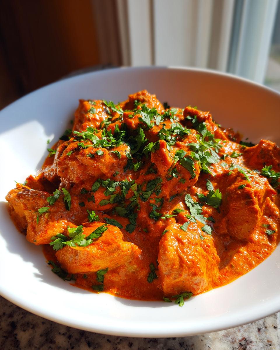 Close-up of tender chicken pieces coated in rich, orange-red sauce, garnished with fresh cilantro, ready to serve as butter chicken.