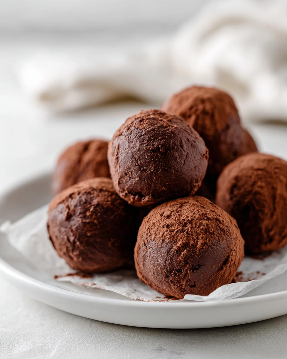 A stack of rich, dark chocolate oreo balls heavily dusted with cocoa powder, resting on parchment paper on a white plate.