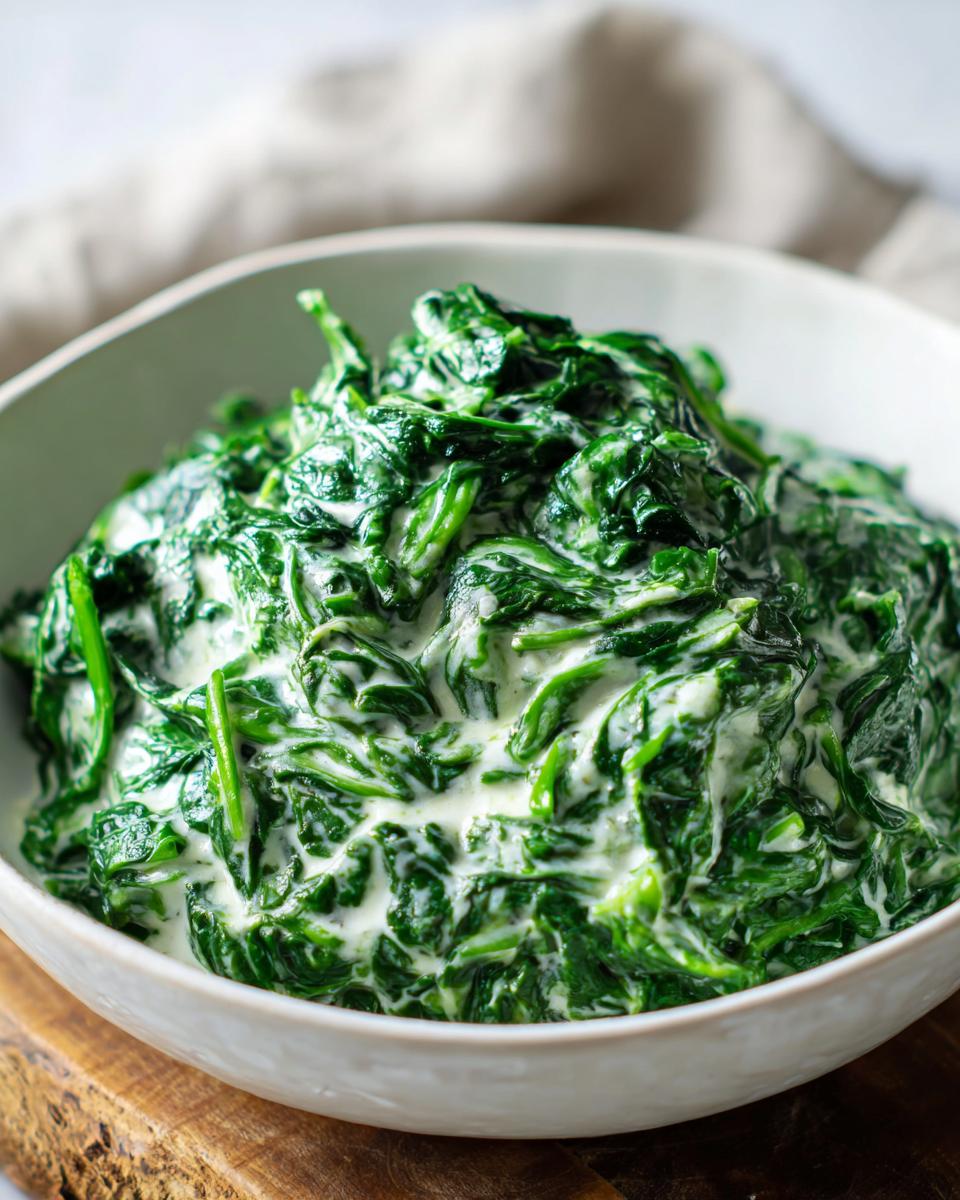A close-up of vibrant green spinach coated in a rich white sauce, ready to serve as a creamed spinach recipe.