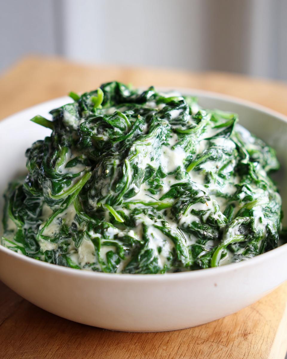 A close-up of rich, vibrant green spinach coated in a creamy white sauce, served in a white bowl.