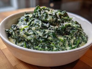 A close-up of a white bowl filled with rich, dark green creamed spinach recipe, topped with grated Parmesan cheese.