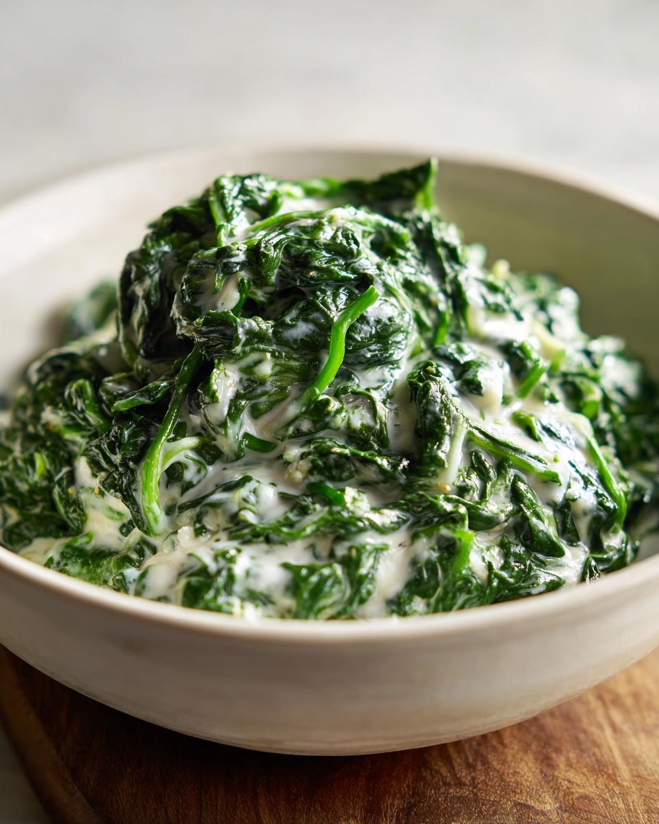 Close-up of rich creamed spinach recipe, featuring dark green spinach coated in a creamy white sauce, served in a light bowl.