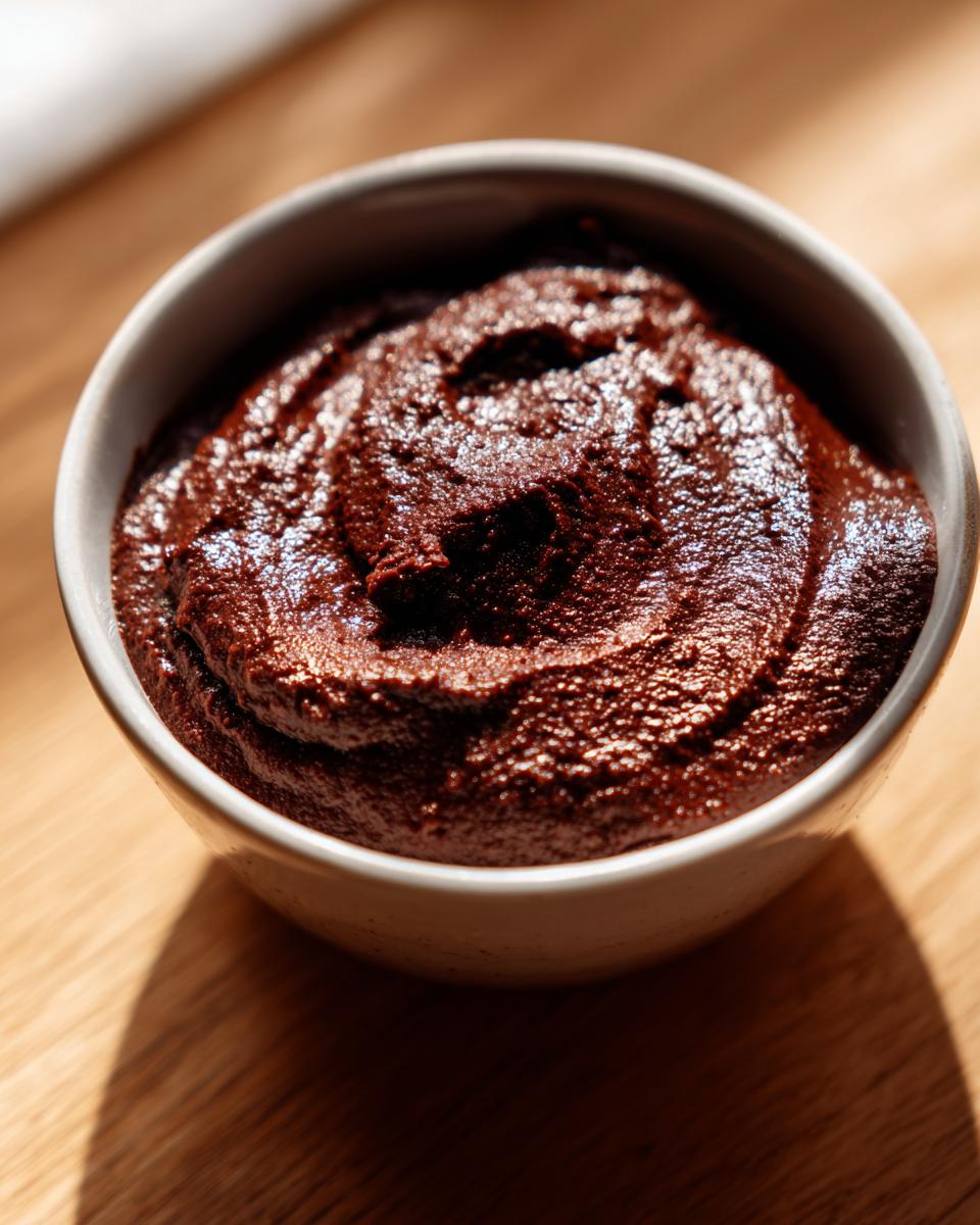 A close-up of thick, rich homemade chocolate pudding served in a small white bowl on a wooden surface.