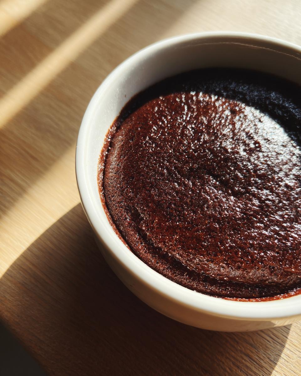 A close-up of rich, dark homemade chocolate pudding served in a white ramekin, catching sunlight.