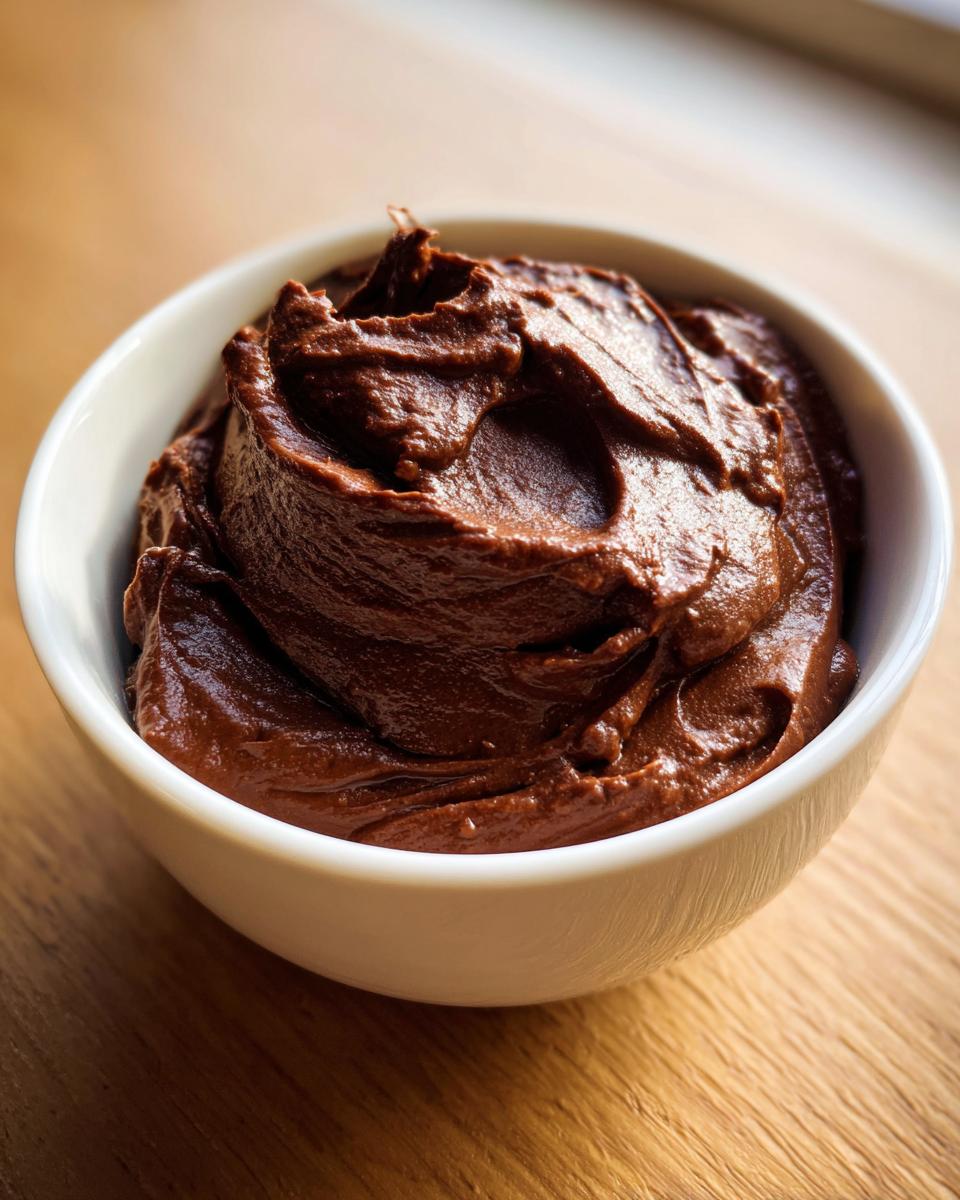 A close-up of thick, rich homemade chocolate pudding swirled in a small white bowl.