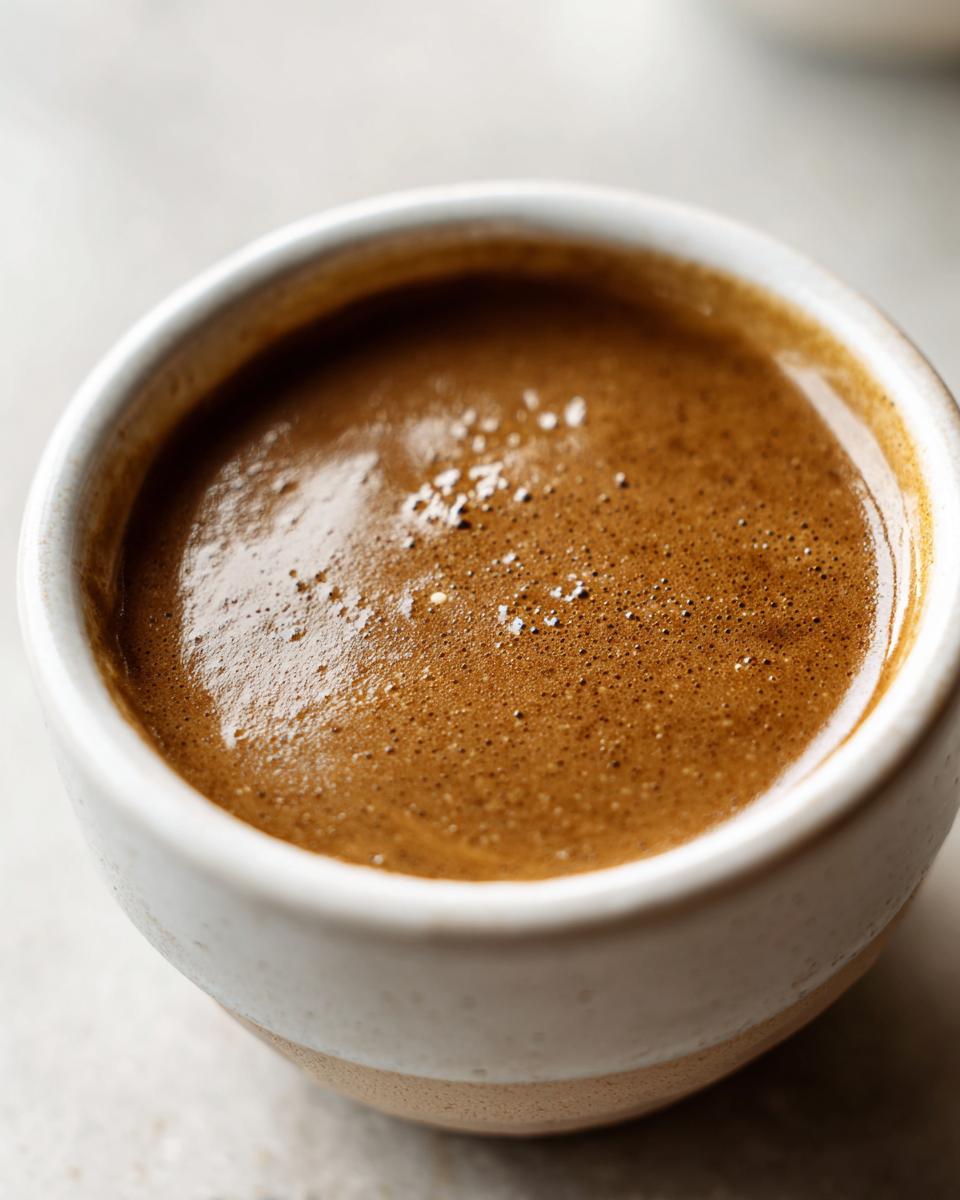 Close-up of rich, foamy brown turkey gravy in a small, rustic white and tan ceramic cup.