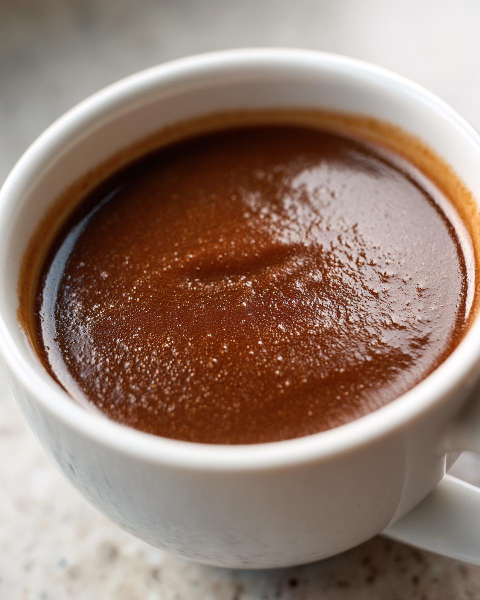 Close-up of rich, brown turkey gravy with a slight sheen, served in a small white cup.