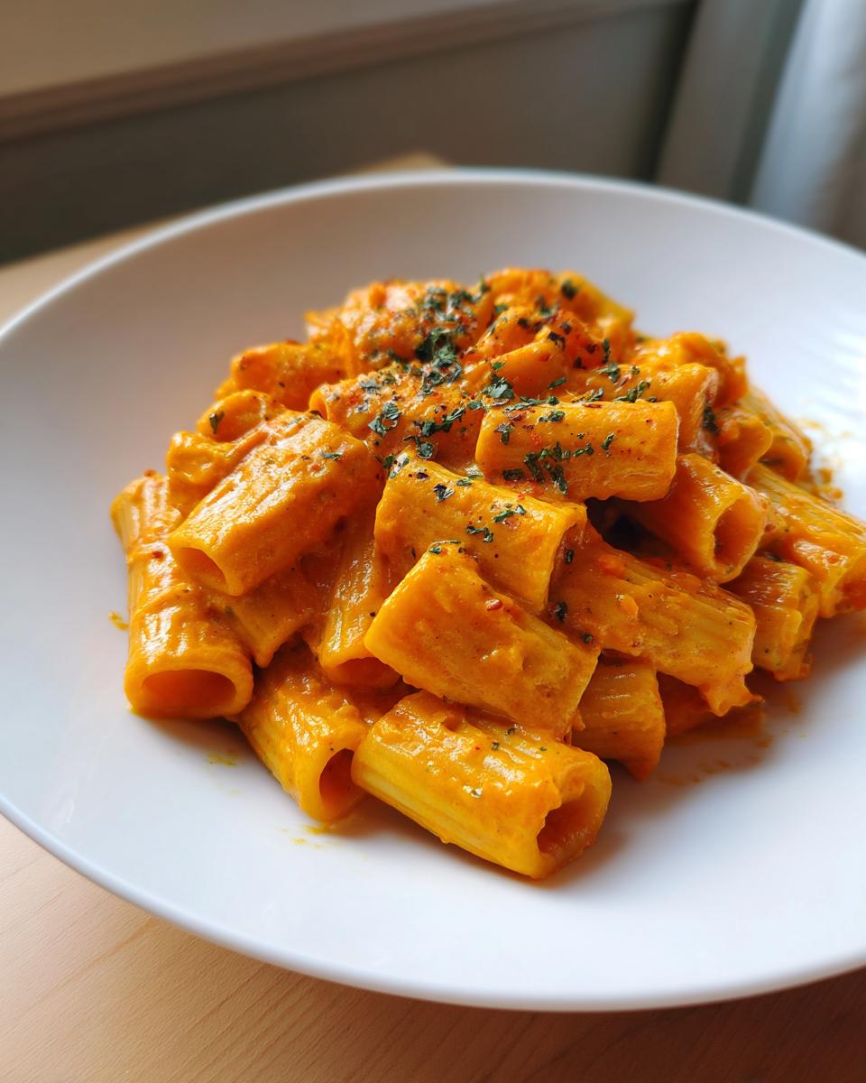 Close-up of rigatoni pasta coated in a vibrant orange butternut squash pasta sauce, garnished with herbs.