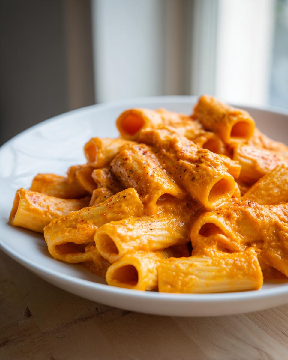 Close-up of rigatoni pasta coated generously in a creamy, orange butternut squash pasta sauce.