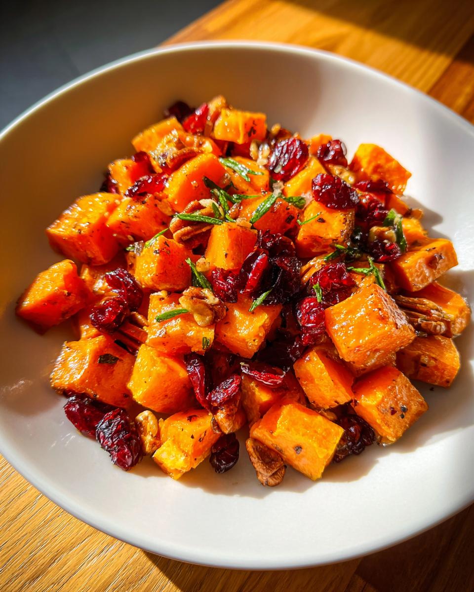Close-up of roasted sweet potato salad cubes mixed with dried cranberries, pecans, and rosemary.