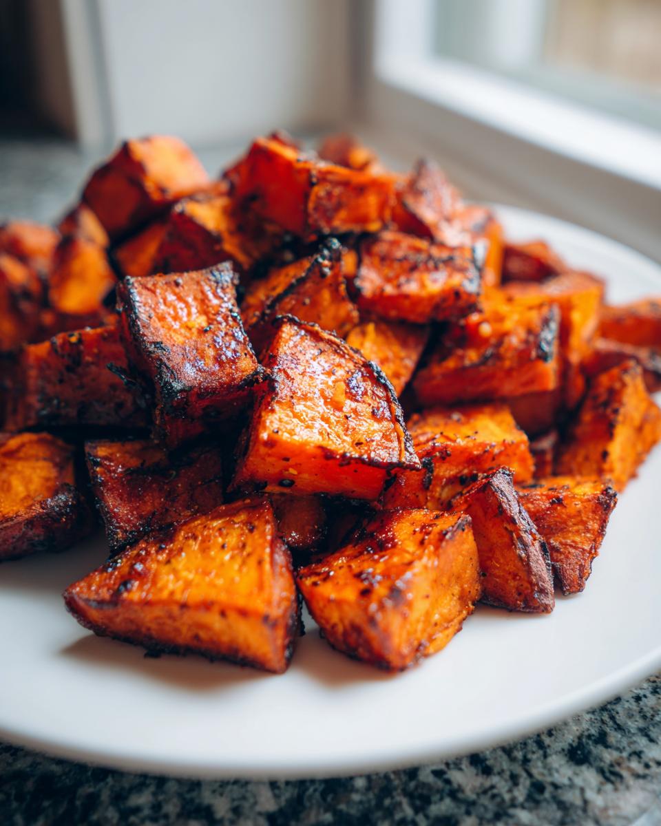 Close-up of a pile of beautifully caramelized roasted sweet potatoes chunks on a white plate.