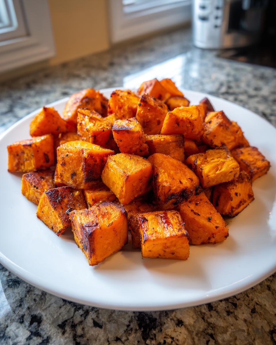 A close-up of perfectly seasoned and caramelized roasted sweet potatoes cubes piled on a white plate.