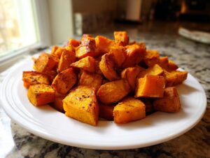 A white plate piled high with golden brown, seasoned roasted sweet potatoes cubes.