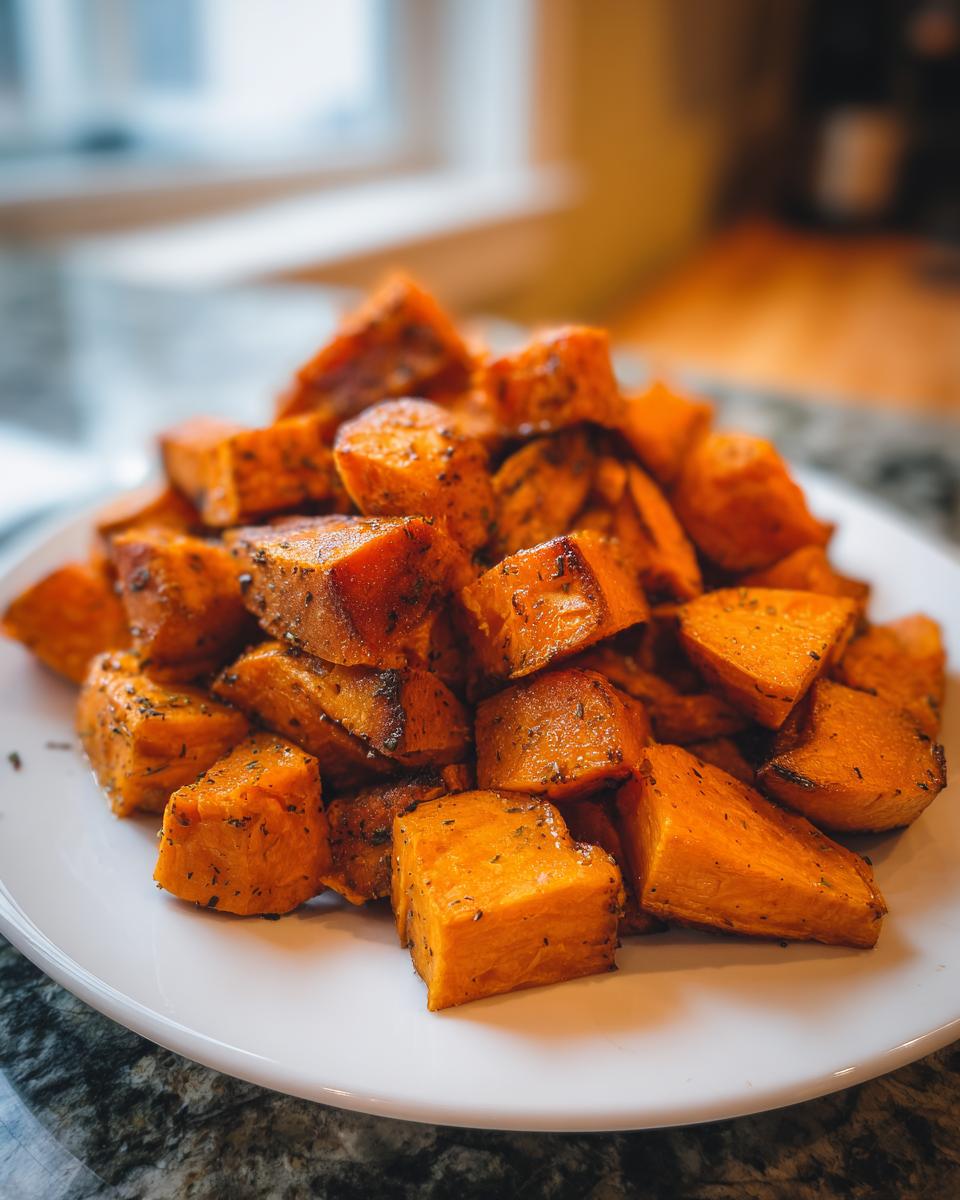 A pile of perfectly seasoned and caramelized roasted sweet potatoes cubes served on a white plate.