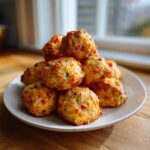 A stack of golden brown rotel cream cheese sausage balls piled high on a white plate.