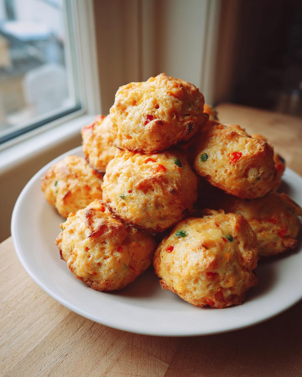 A pile of freshly baked rotel cream cheese sausage balls with visible bits of red and green peppers on a white plate.