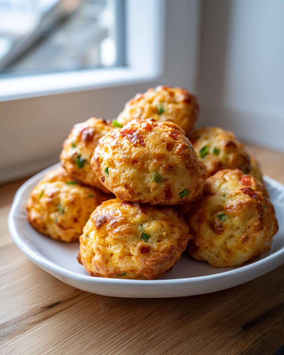 A stack of freshly baked rotel cream cheese sausage balls piled high on a white plate.