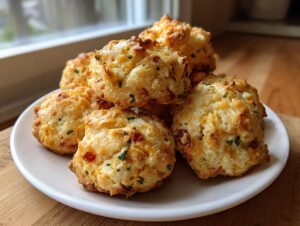 A stack of golden brown rotel cream cheese sausage balls with visible specks of red pepper and green herbs on a white plate.