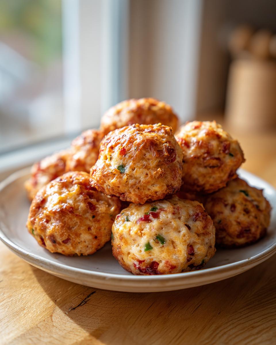 A stack of golden brown rotel cream cheese sausage balls piled high on a light-colored plate.