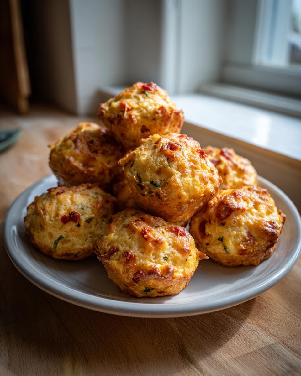 A stack of golden, baked rotel cream cheese sausage balls piled high on a light gray plate near a window.