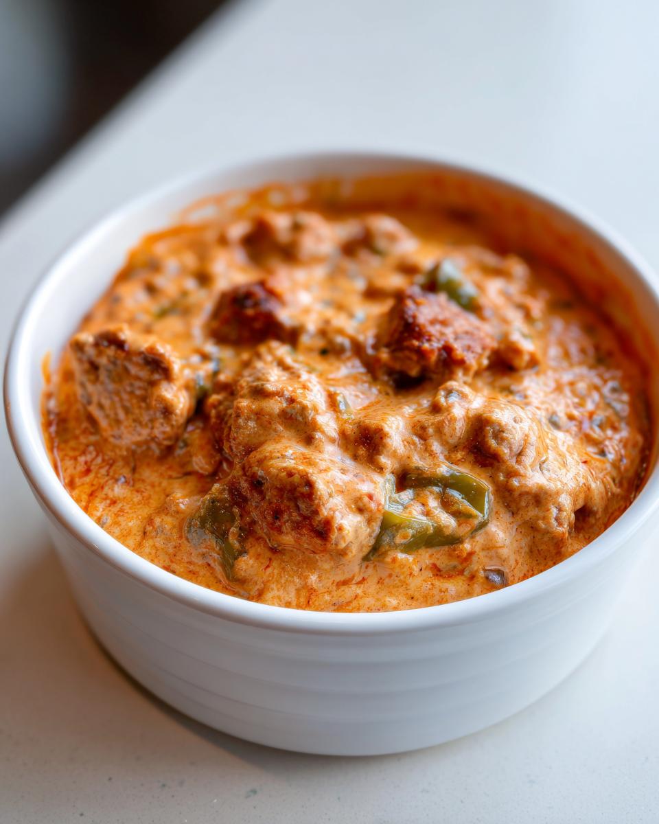 Close-up of a rich, orange-hued sausage cheese dip with chunks of sausage and green peppers in a white bowl.