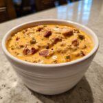A close-up of thick, creamy sausage cheese dip with chunks of sausage and green peppers in a white serving bowl.