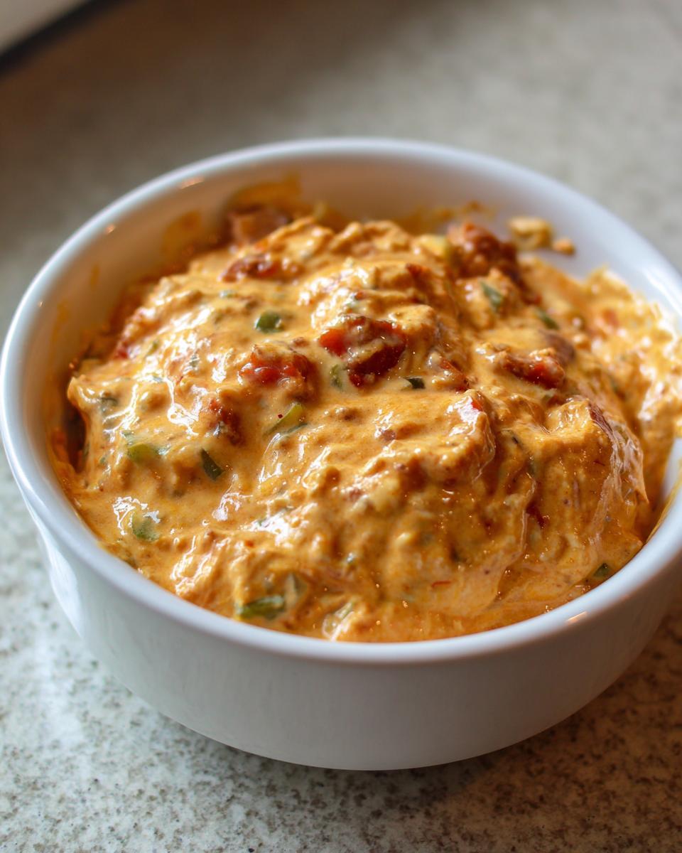 Close-up of a rich, orange-colored sausage cheese dip with visible chunks of tomato and green peppers in a white bowl.