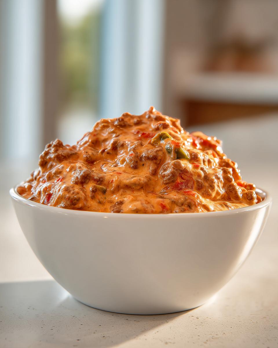 A generous serving of creamy, rich sausage cheese dip piled high in a white bowl.