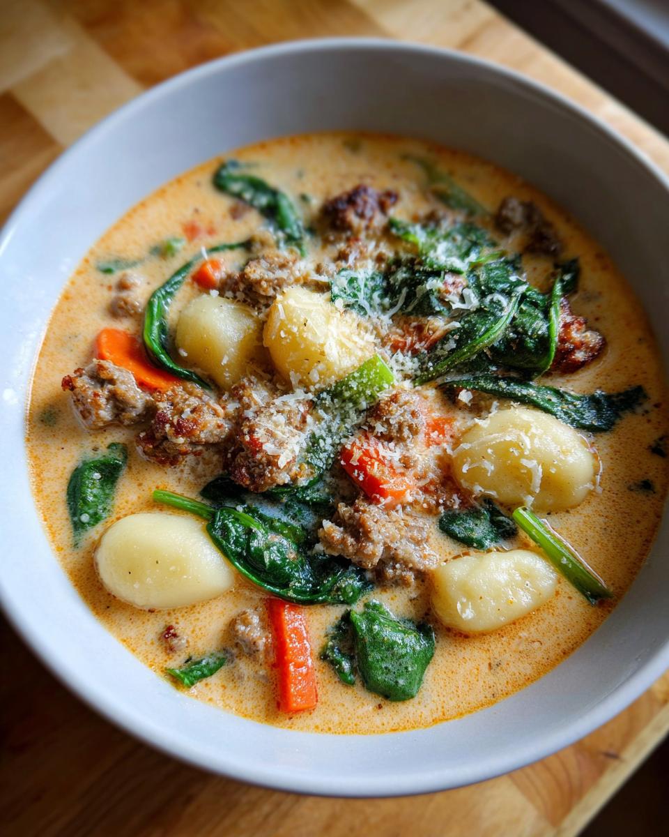Close-up of a bowl of creamy sausage gnocchi soup, featuring soft gnocchi, ground sausage, spinach, and grated Parmesan.