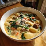 A close-up of a bowl of creamy sausage gnocchi soup, topped with spinach and grated Parmesan cheese.