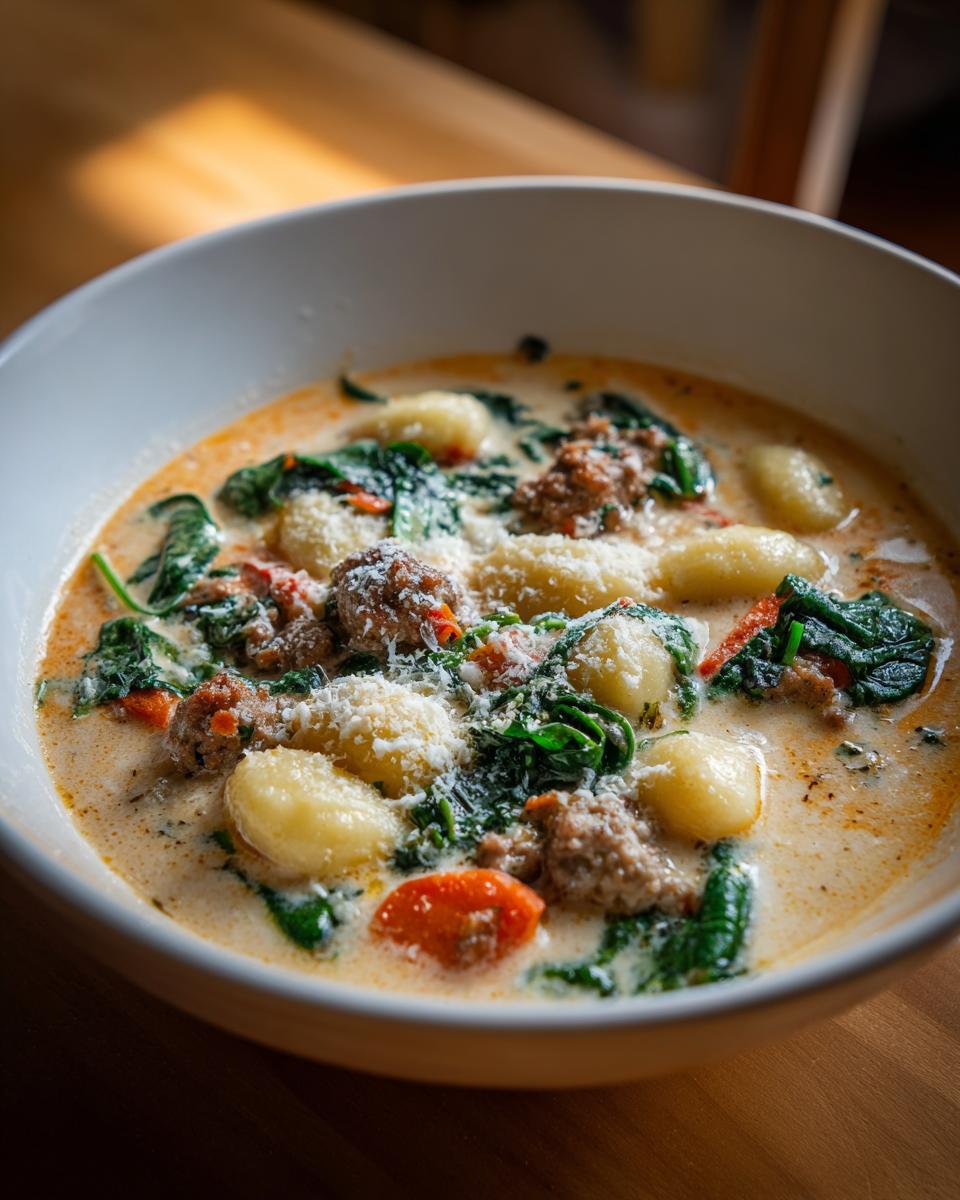 A close-up of a creamy bowl of sausage gnocchi soup, featuring soft gnocchi, crumbled sausage, spinach, and grated Parmesan cheese.