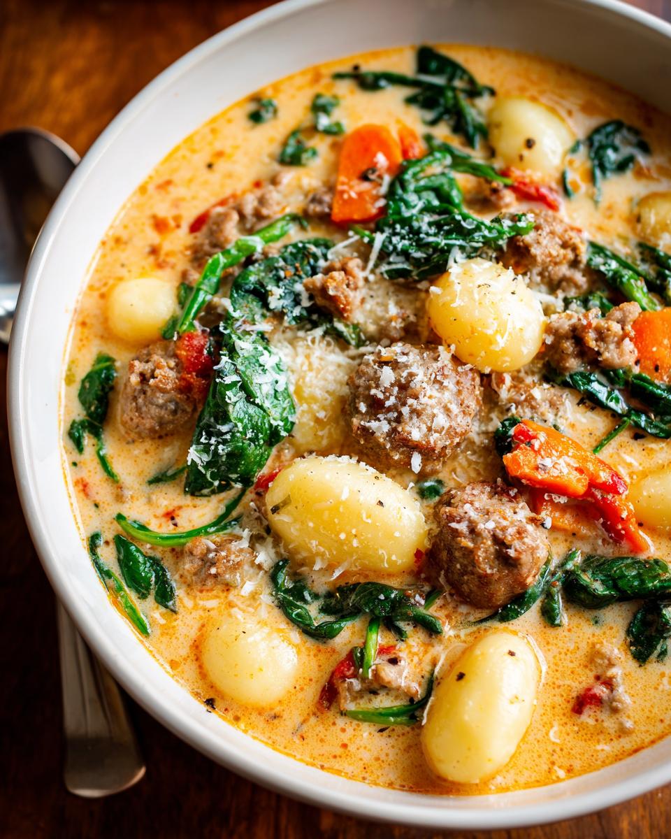 Close-up of creamy sausage gnocchi soup featuring potato gnocchi, crumbled sausage, spinach, and grated Parmesan cheese.