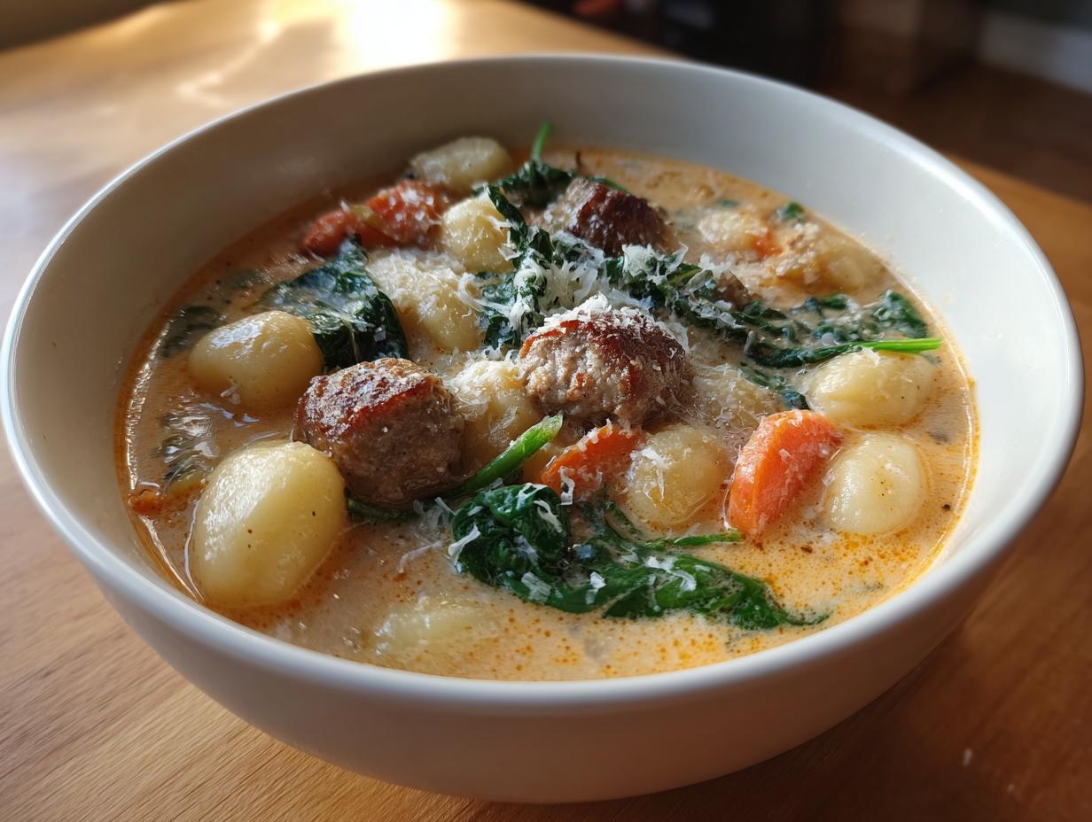 A close-up of a creamy bowl of sausage gnocchi soup, featuring sausage, spinach, and grated cheese.