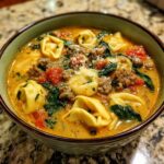 A close-up view of a hearty bowl of sausage tortellini soup, featuring creamy broth, tortellini, ground sausage, spinach, and tomatoes.