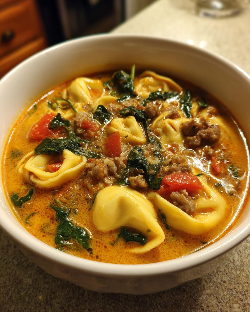 Close-up of a white bowl filled with creamy, orange-hued sausage tortellini soup featuring cheese tortellini, ground sausage, spinach, and tomatoes.