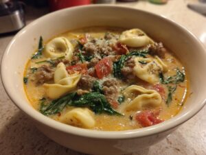 Close-up of a creamy sausage tortellini soup featuring tortellini pasta, ground sausage, spinach, and tomatoes.