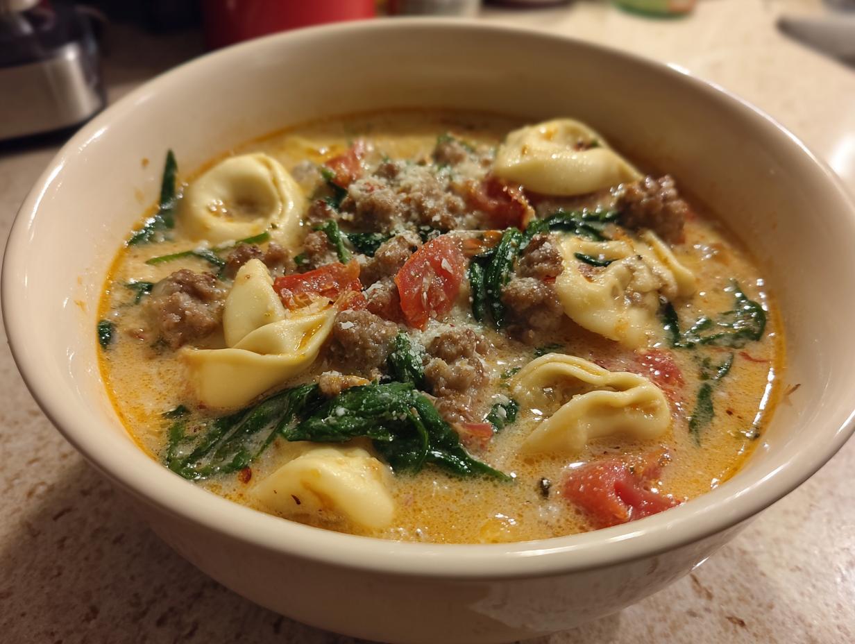 Close-up of a creamy sausage tortellini soup featuring tortellini pasta, ground sausage, spinach, and tomatoes.