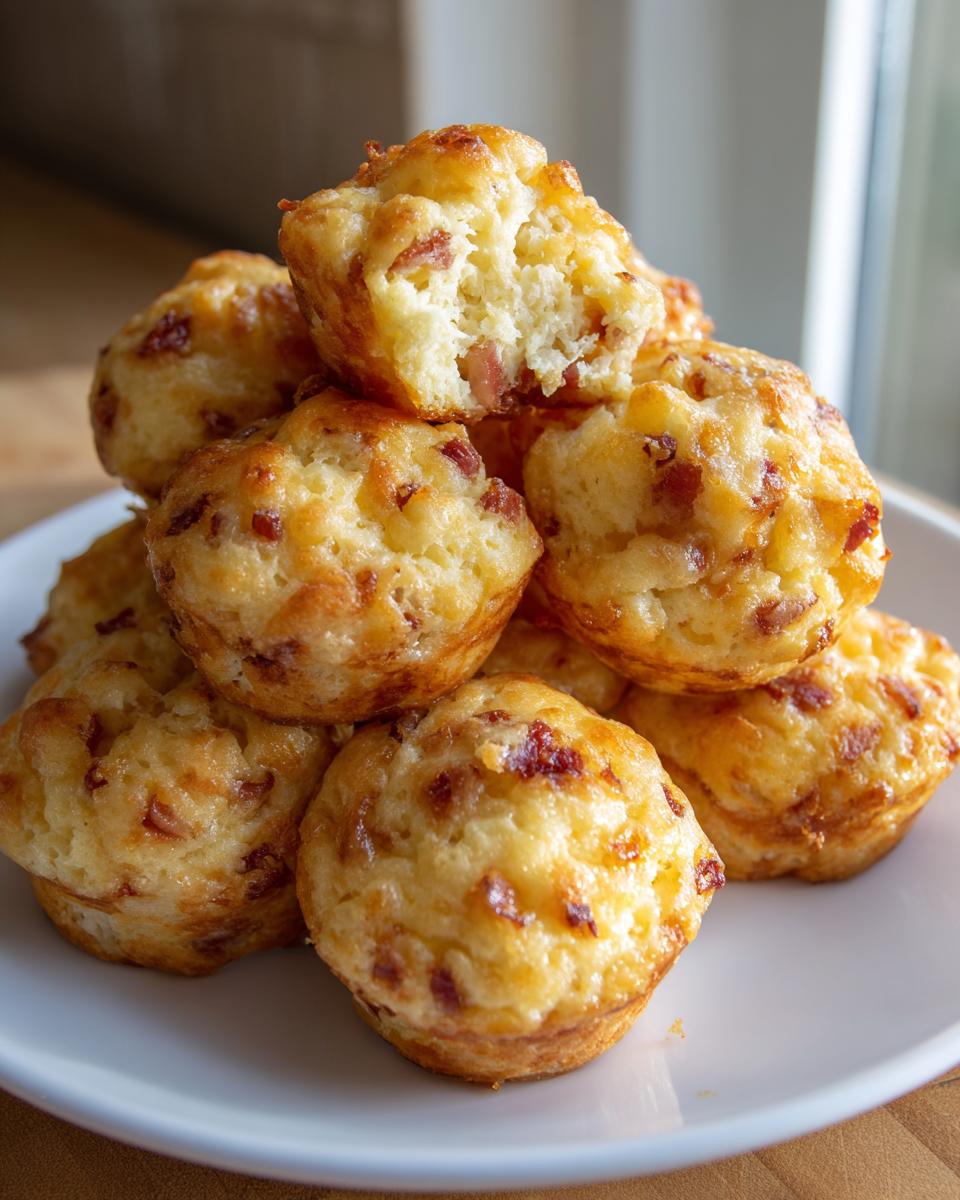 A stack of golden, savory egg bites loaded with bacon and cheese on a white plate.