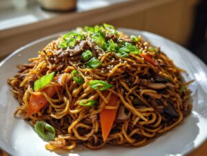A close-up of a generous serving of savory fried noodles tossed with carrots and mushrooms, topped with green onions.