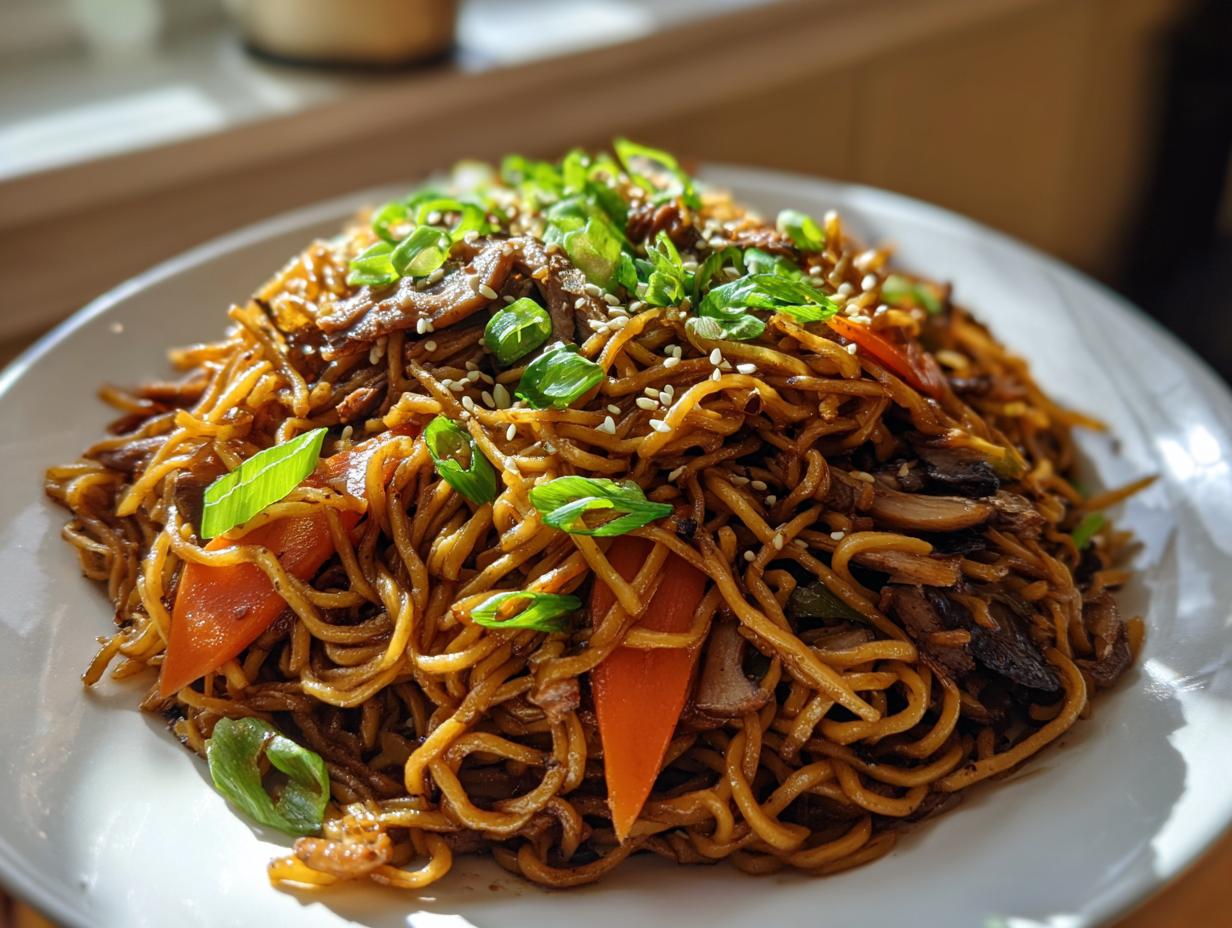 A close-up of a generous serving of savory fried noodles tossed with carrots and mushrooms, topped with green onions.