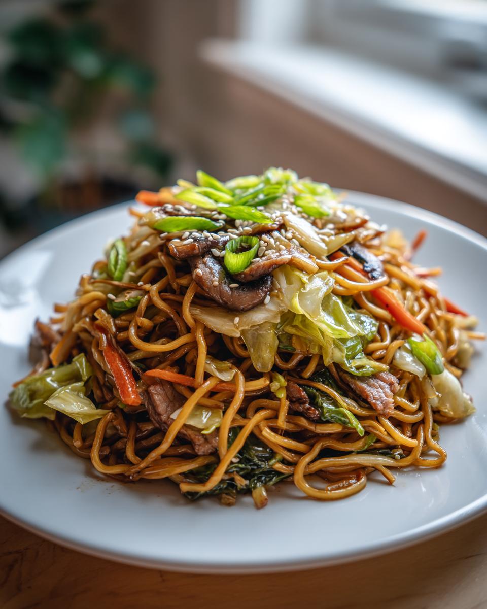 A close-up of a generous serving of savory fried noodles mixed with beef, cabbage, carrots, and mushrooms, topped with scallions and sesame seeds.