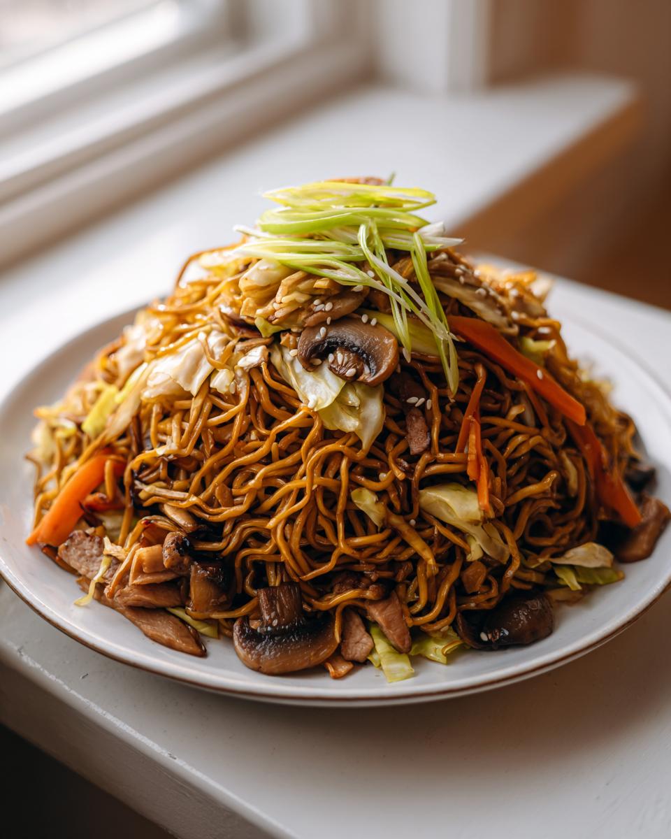 A large serving of savory fried noodles mixed with cabbage, carrots, and mushrooms, topped with scallions.
